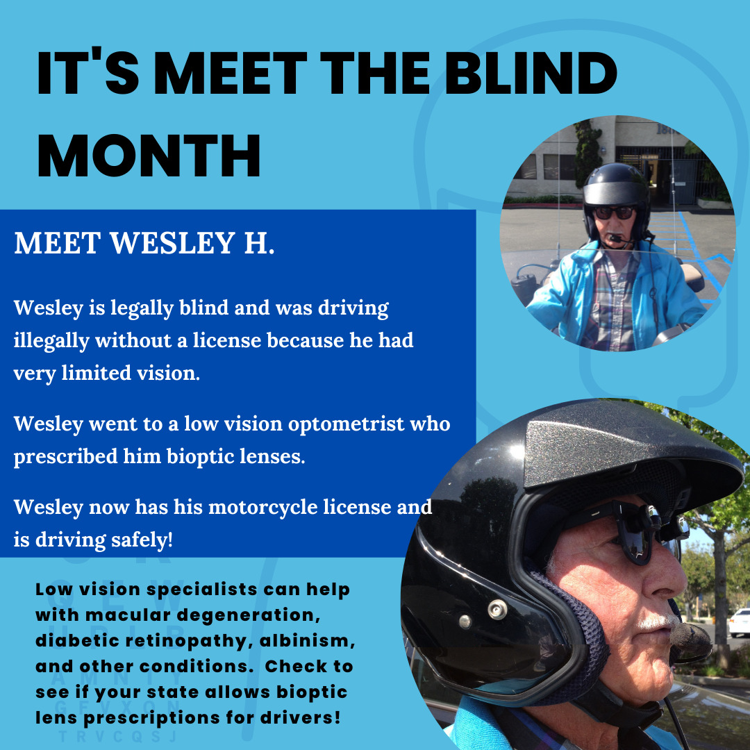 Gentleman riding a motorcycle wearing a helmet and bioptic telescope glasses.