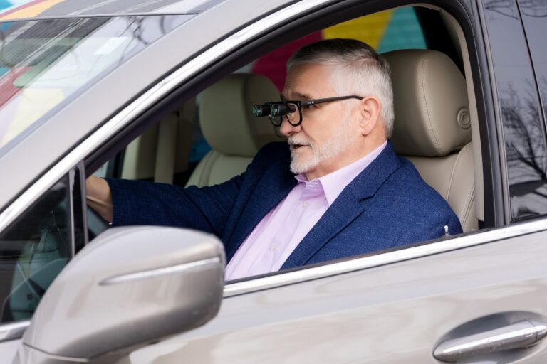 A man wearing bioptic telescope glasses driving a car
